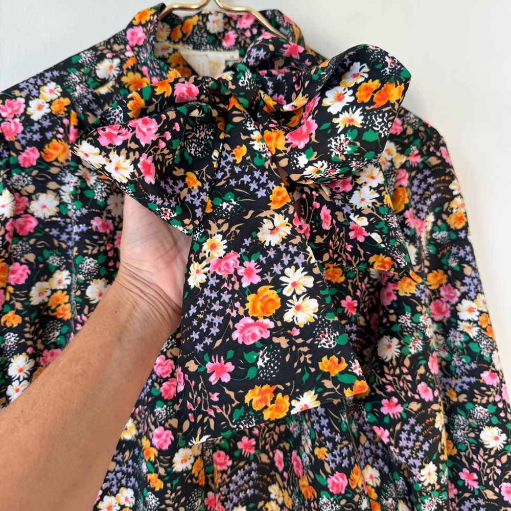 Vintage 70s Atkins Black Floral House coat Dress Muumuu Maxi Dress Pockets M - Picture 3 of 10